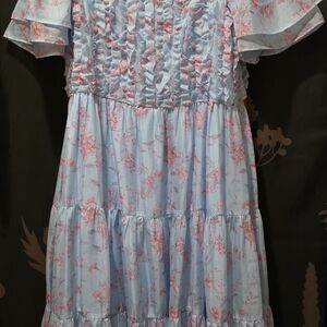 JessaKae Light Blue Dress with Pink Floral Ruffle Bodice